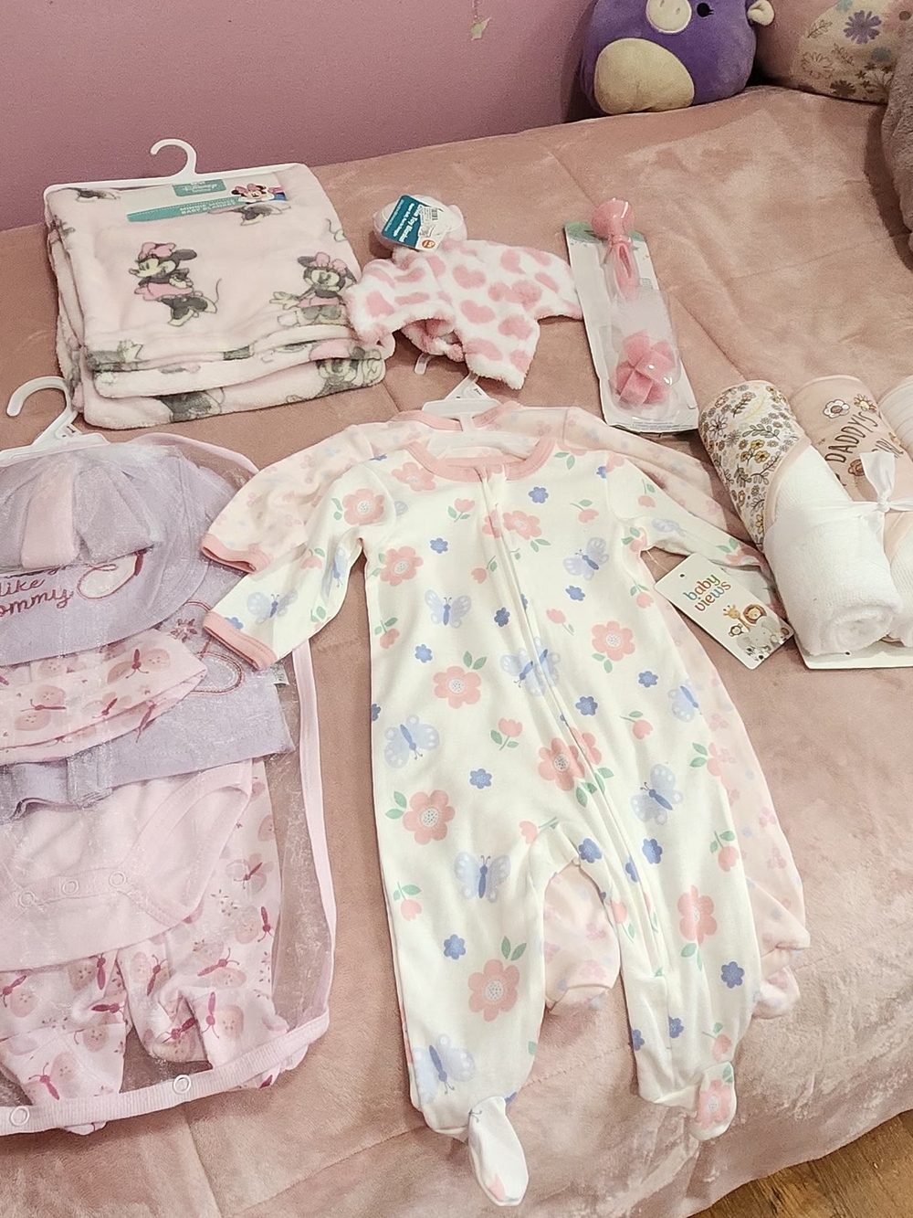 Baby Girls Floral Footed Romper - Pink & White